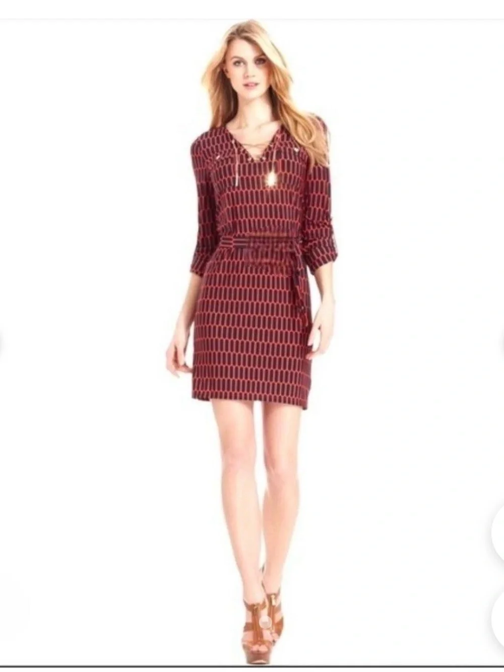 Michael Kors Red and Black Long Sleeve Geometric Dress